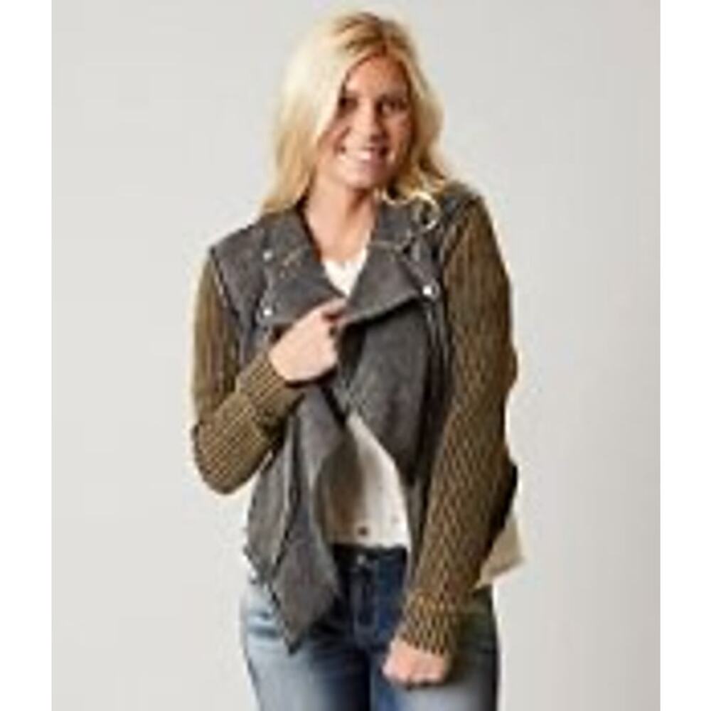 Gimmicks Pieced Sweater Jacket Washed Black Terry Zip Front jacket Sz M NWT